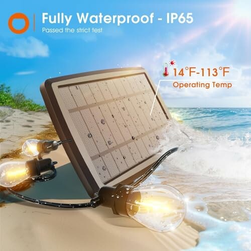 Waterproof solar panel on beach with string lights.