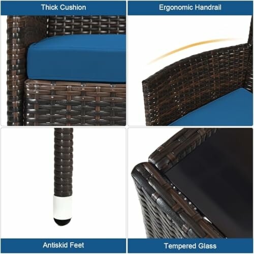 Wicker patio furniture features: thick cushion, ergonomic handrail, antiskid feet, tempered glass.