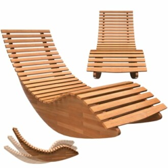 Modern wooden chaise lounge chair with curved slats.