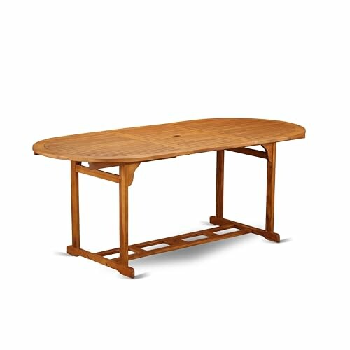 Wooden oval patio table with slatted top and sturdy legs.