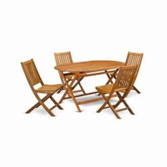 Wooden patio dining set with oval table and four chairs.