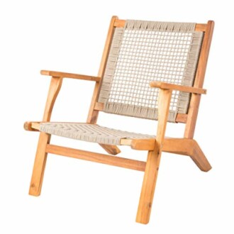 Wooden lounge chair with woven seat and backrest.